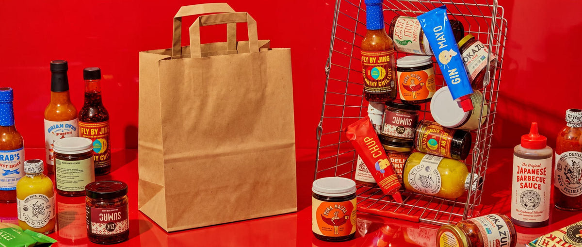 Kraft paper bags on a restaurant counter
