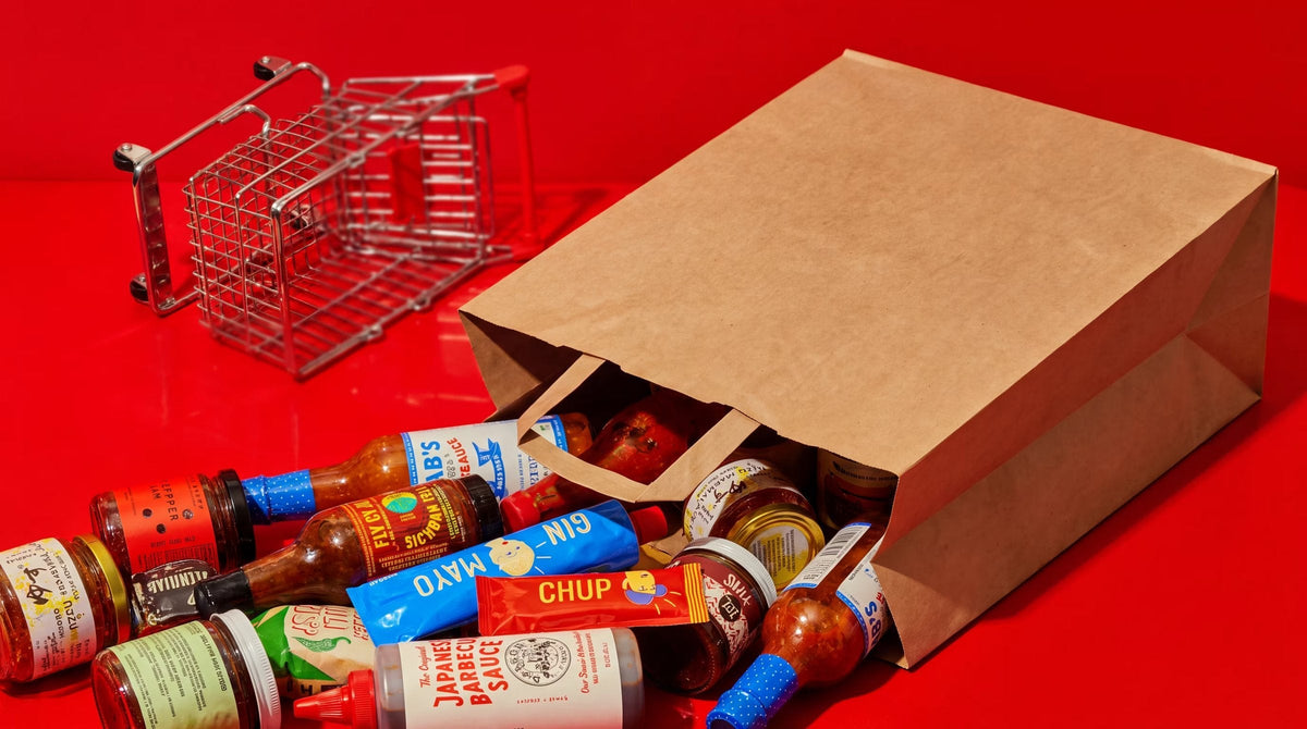 Kraft bags with a spread of takeout