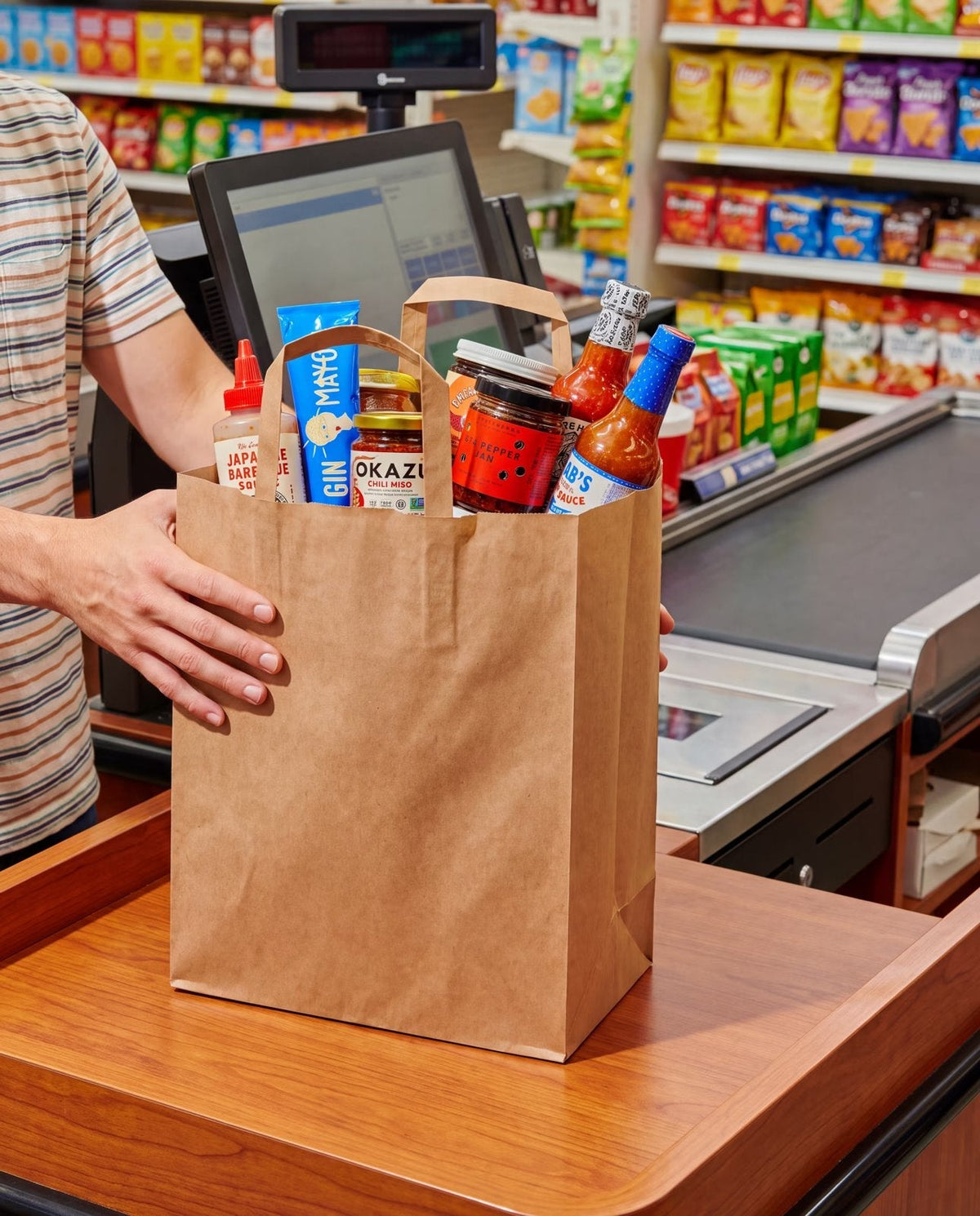 Kraft bag placed on the checkout counter